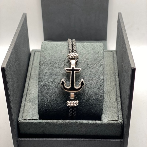 New DAVID YURMAN Men's Maritime Anchor Leather Bracelet in Silver & Onyx Med - Picture 1 of 8